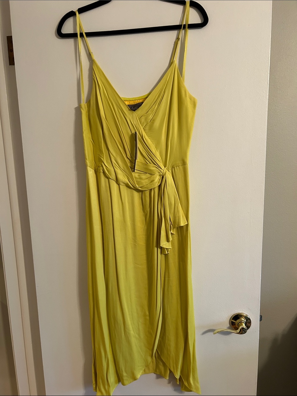 Anthropologie Chartreuse Yellow Spaghetti-Strap Wrap Midi Dress
